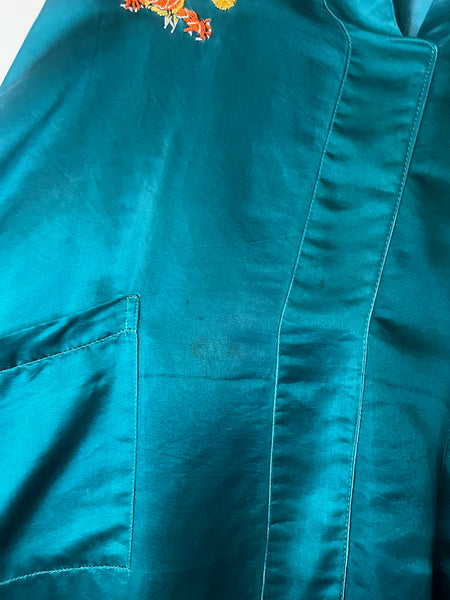 Vintage Teal Silk Embroidered Kimono Robe | Dragon Motif Grunge Lounge Wear | M
