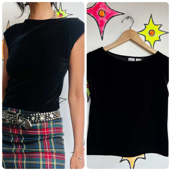 Vintage 90s | Stretchy Black Velvet Mall Goth Fairy Grunge Crop Top | Size Small
