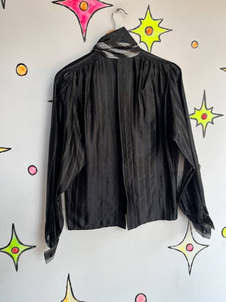 Vintage Glam Metallic Silver & Black Secretary Bow Blouse Valentino NIGHT M/L