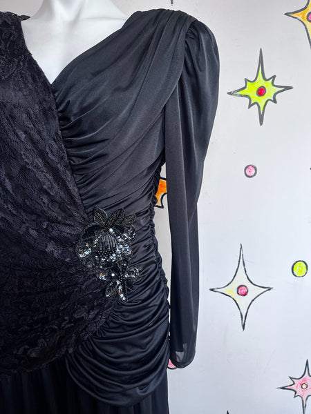 Vintage 80s Black Ruched Lace Jumpsuit | Goth Glam Formal Party Gown – L