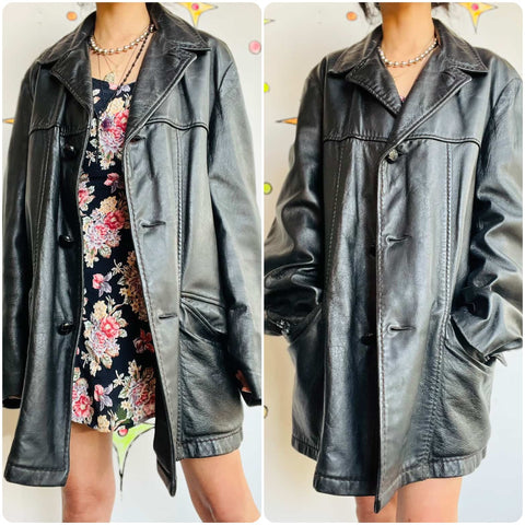 Vintage 80s 90s Black Leather Trench Coat – Goth Grunge Matrix Style – Size 42