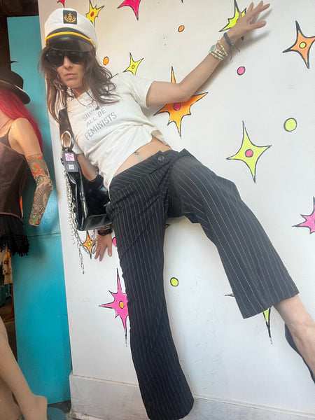 90s Y2K Pinstripe Flare Pants Low Rise Trousers Indie Sleaze Goth Grunge XS
