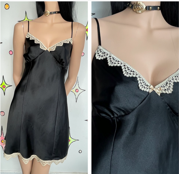 Y2K Black Satin & Lace Babydoll Slip Dress - Whimsy Goth Romantic - M