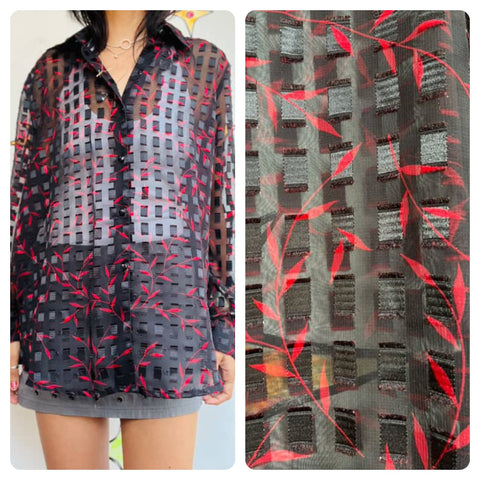 Vintage 90s Sheer Black & Red Long Sleeve Blouse | Whimsy Goth | Notations | L