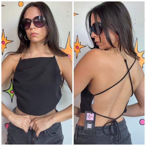 Archival Y2K Zara Black Indie Sleaze Party Halter Top w/ Gold Chain Straps XS