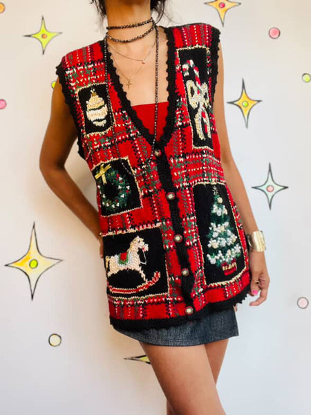 Vintage 80s 90s Plaid Patchwork Embellished Ugly Christmas Sweater Vest | M