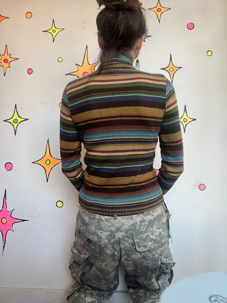 Retro Striped Turtleneck 60s 70s Mod Rainbow Groovy Clowncore Grunge Top M