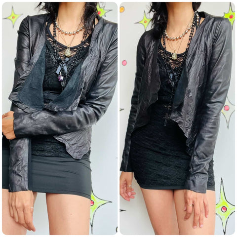 Y2K Asymmetrical Vegan Leather Moto Jacket - Indie Sleaze Fairy Grunge Glam