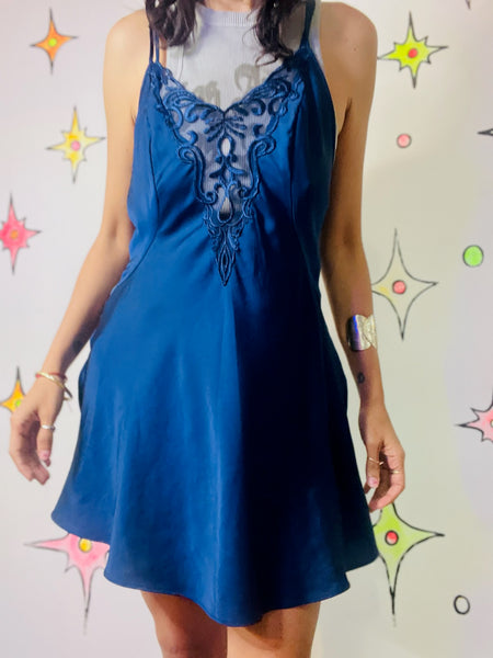 Vintage 90s Y2K Navy Satin Lace Fairy Grunge Slip Lingerie Mini Dress – Lace S