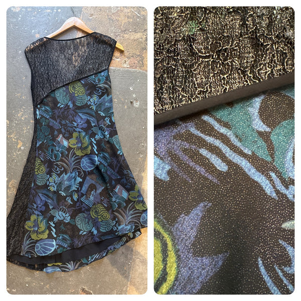 Y2K Lace Asymmetrical Dress | Black Teal Fairy Grunge Whimsy Goth Midi Dress M