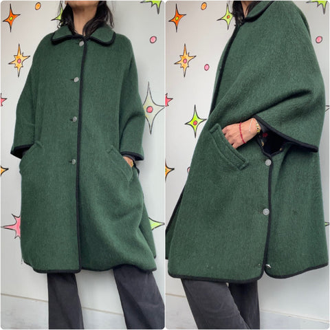 Vintage | Green Loden King Wool Heavy Warm Cape Coat | Size 44 Fits All