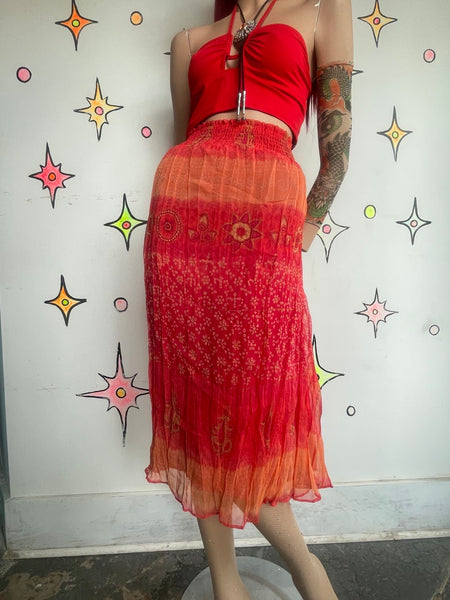 Red Orange Gauzy Paisley Maxi Skirt Flowy Fairy Whimsy Grunge Boho Western M/L