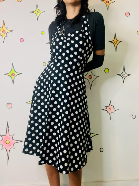 Vintage Retro 50s Style Black & White Polka Dot Halter Fit & Flare Swing Dress | L