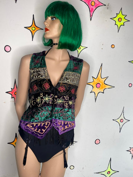 Vintage 90s Patchwork Velvet Vest Whimsigoth Speed Limit MPH Boho Goth M