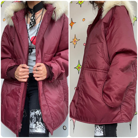 Vintage 90s Y2K | Oversized Burgundy Puffer Hoodie Coat with Faux Fur Trim | S