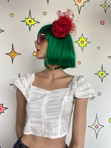 Red Rose Feather Hair Clip Goth Burlesque Rockabilly Flamenco Fascinator
