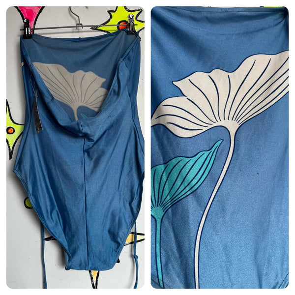 Vintage 70s Mermaid Blue Halter One-Piece Swimsuit Bodysuit Fairy Grunge – Small