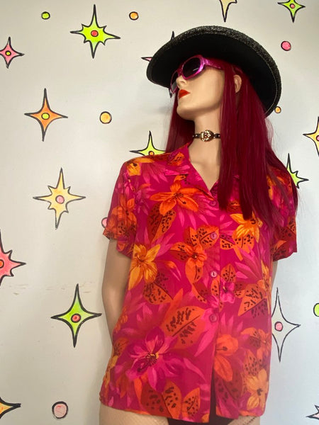 90s Hot Pink Hawaiian Sherbet Print Button Up Blouse Tropical Kitsch Retro L