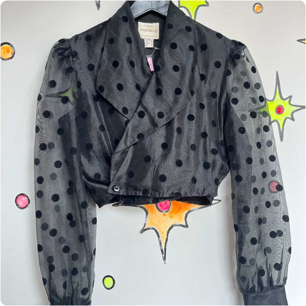 🖤 Vintage 80s Black Polka Dot Whimsy Goth Blazer Top - Sheer Puff Sleeves - S