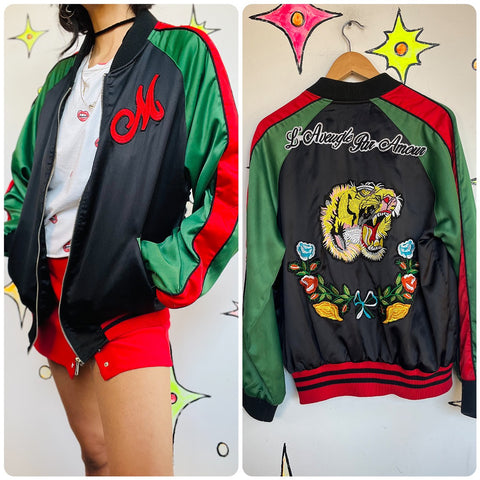 Vintage Y2K Satin Souvenir Bomber Track Jacket Street Luxe Tokyo Style | Size XL