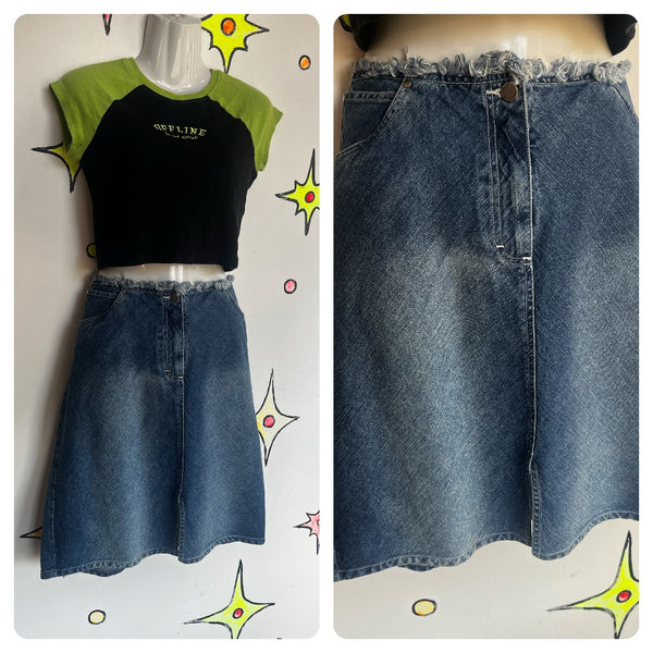 Vintage 90s Y2K | Denim Midi Skirt with Cute Frayed Hem Grunge Fairy Emo | 10