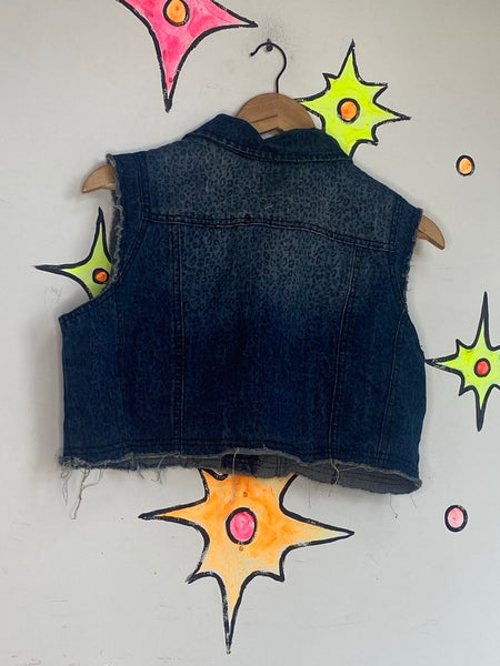 Leopard Print Cropped Denim Vest Y2K Indie Sleaze Grunge Western Top