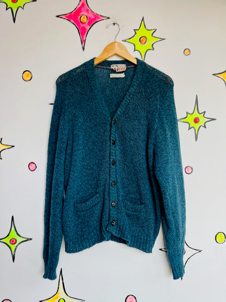Blue 1950s Wool Cardigan | University Row by Revere 100% Shetland Vintage Knit L