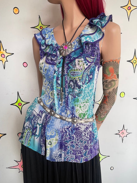 Turquoise Purple Pleated Ruffled Floral Paisley Tattoo Print Whimsy Fairy Top L