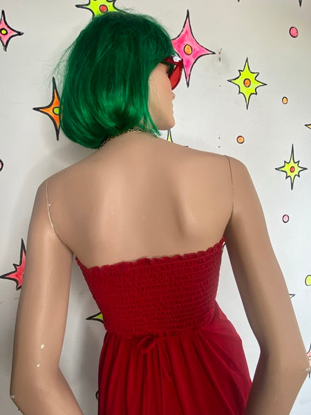 90s Red Ruched Babydoll Tube Top Trixxi Y2K Flowy Strapless Blouse S