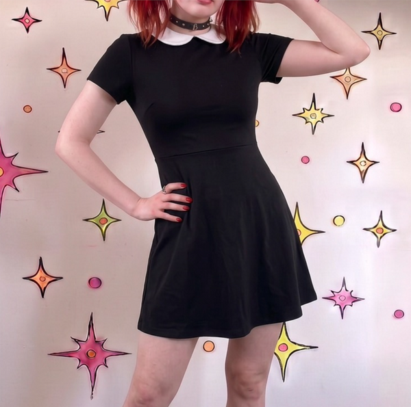 Wednesday Adams Babydoll Black Mini Dress - Peter Pan Collar - XS
