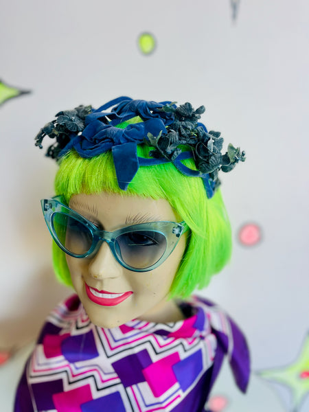 1950s Blue Floral Fascinator | Midcentury Headpiece | Vintage Flowered Crown