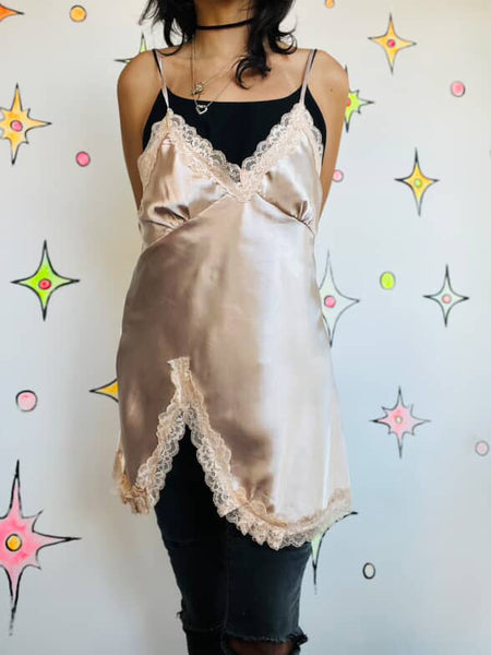 Vintage 90s Y2K Blush Pink Satin Lace Fairy Grunge Princess Mini Slip Dress M