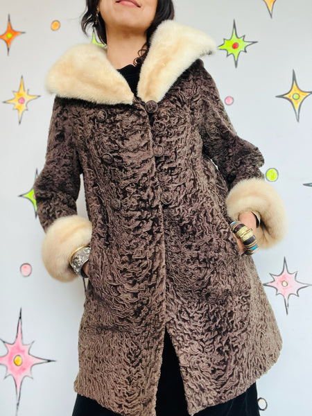 Vintage 40s 50s Persian Lambswool Fur Coat Mink Collar & Cuffs Luxury Penny Lane