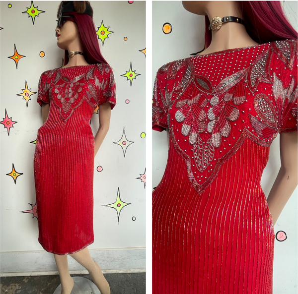 Vintage 80s Heavy Beaded Crimson Silk Party Dress Luxe Glam Old Money L