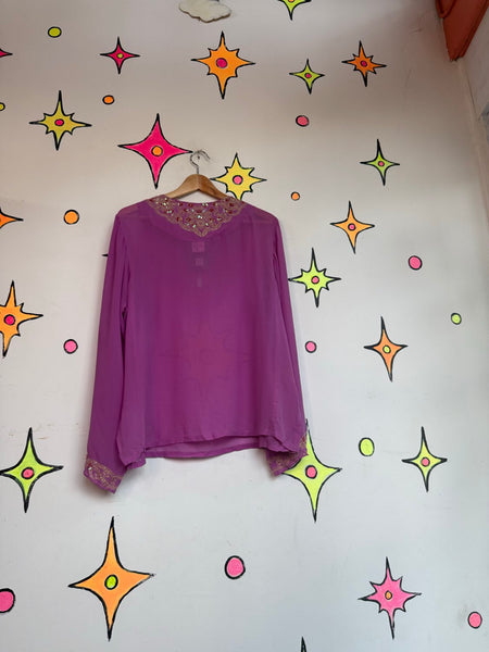 Beaded Silk Blouse Purple Gold Boho Sheer Witchy Luxe Embellished Silk Top 2X