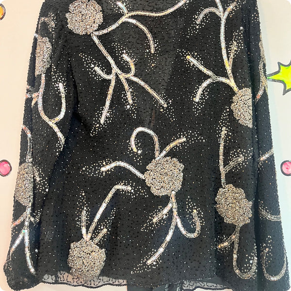 Vintage 80s/90s Black Beaded Blazer Silver Sequins Boho Glam Saks Fifth Avenue L