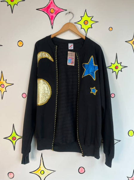 Vintage 80s Black Embellished Celestial Witchy Stars Moons Sweater L XL