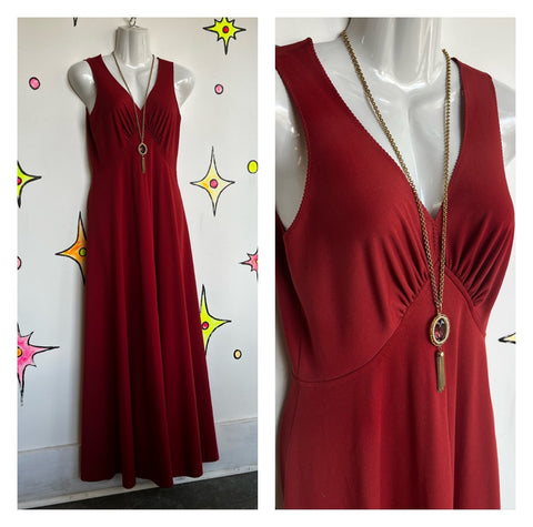 Vintage 60s | Red / Orange Goddess Boho Plunging Disco Maxi Dress | Small