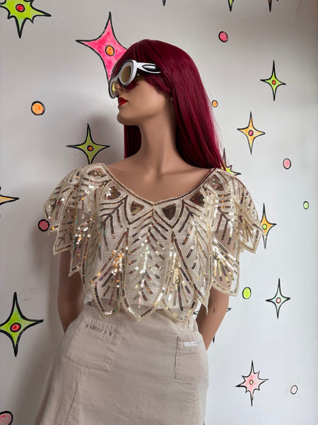 Vintage Gold Sequin Flapper Cape Art Deco Beaded Shrug Glam Festival Rave