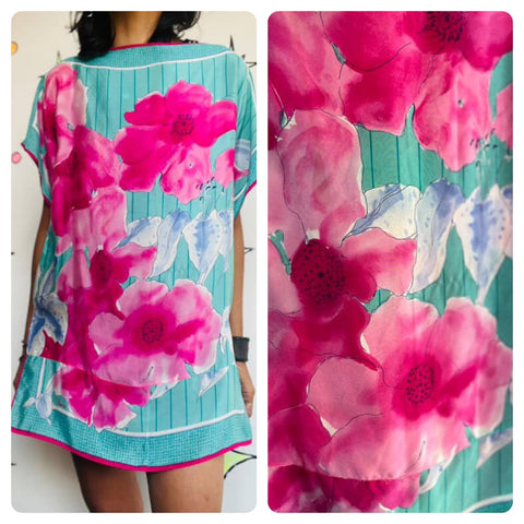 Vintage Billie Kunody Art Print Silk Oversized Boho Top / Blouse - Flowy One Size