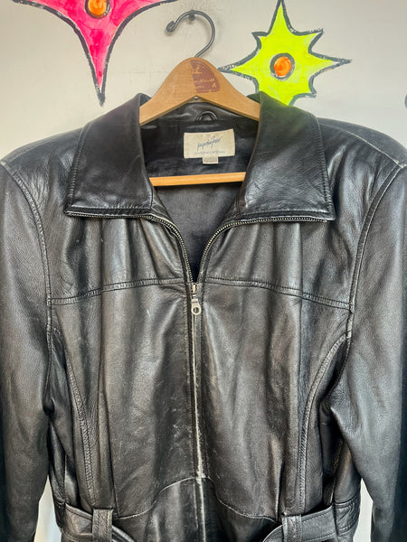 Vintage 90s Thrashed Black Leather Goth Boho Grunge Zip-Up Belted Trench Coat XL