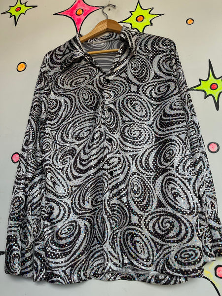 Vintage 90s Metallic Silver Irridescent Party Shirt - Rave Disco Clubwear M/L