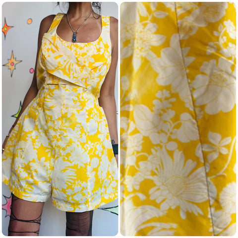 60s Yellow Swimsuit Play Suit Romper - Gidget - Mid Century MOD - S M