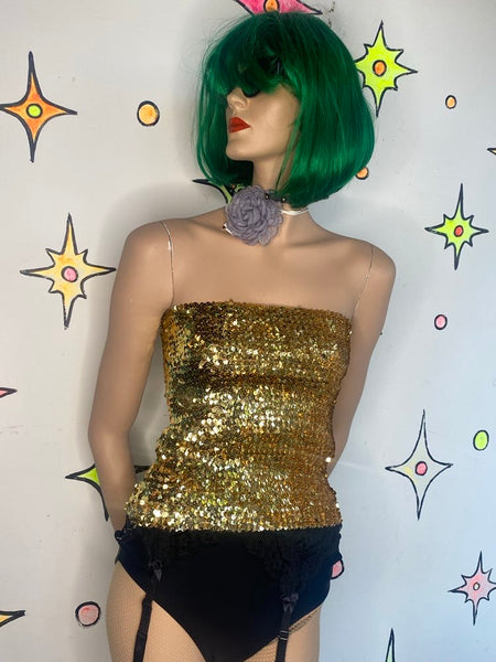Vintage 70s 80s Y2K Metallic Gold Sequin Stretch Tube Top Disco Glam - One Size