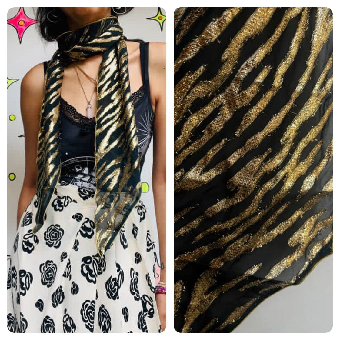 Vintage | Sheer Black and Metallic Gold Zebra Print Scarf | Glam Indie Sleaze