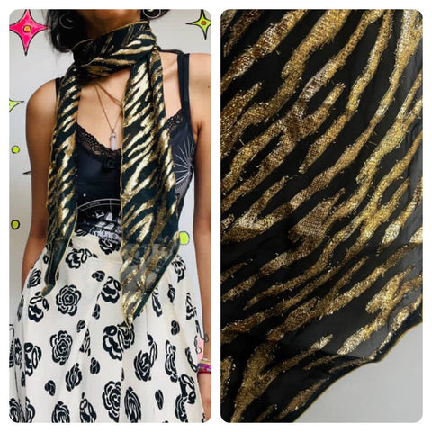 Vintage | Sheer Black and Metallic Gold Zebra Print Scarf | Glam Indie Sleaze