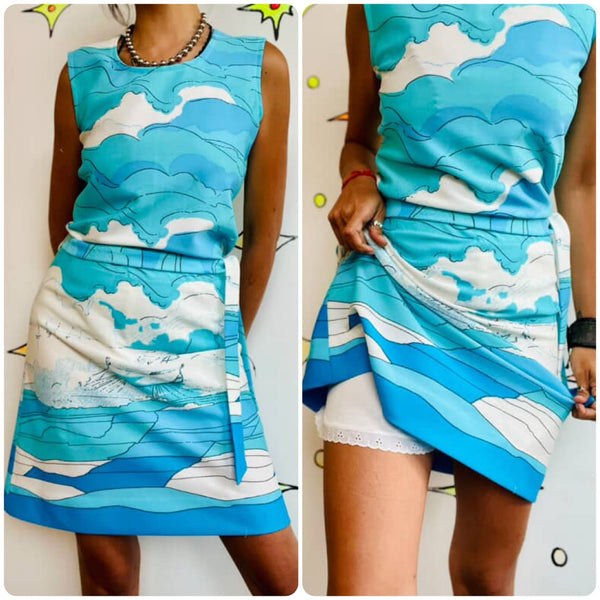 Vintage Groovy 60s 70s Nautical Sailor Art Print 2 Piece Mod Mini Dress Set S M