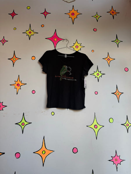 “Polly Wants Wine” Baby Tee Y2K Rhinestone Graphic Novelty Whimsy Goth T-Shirt S