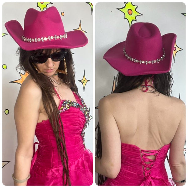 Hot Pink Cowgirl Hat Rhinestone Band Western Barbiecore Party Hat