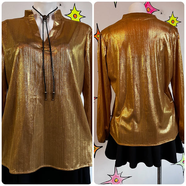 Vintage Y2K Golden Metallic Long Sleeve Blouse | Glam Disco Party Top – XL